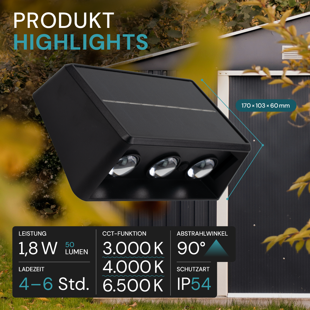 Solar LED Wandleuchte Außen, Up/Down, 3-flammig, 3 Lichtfarben einstellbar (CCT), IP54-wasserdicht, mit Akku, lange Leuchtdauer, Gartenleuchte