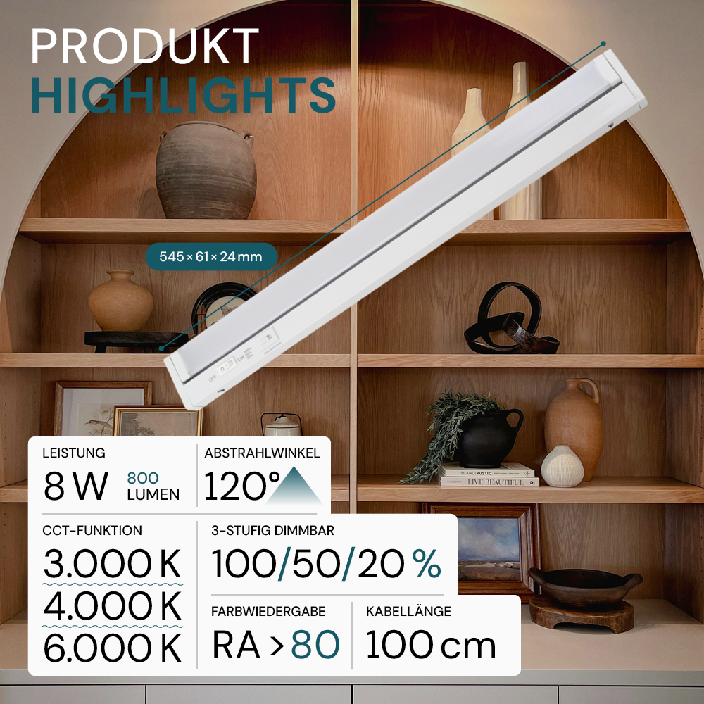 LED-Unterbauleuchte, schwenkbar, mit Schalter, 55 cm, 8 W, 800 lm, einstellbare Lichtfarbe, dimmbar, erweiterbar, Küchen- und Schrankbeleuchtung