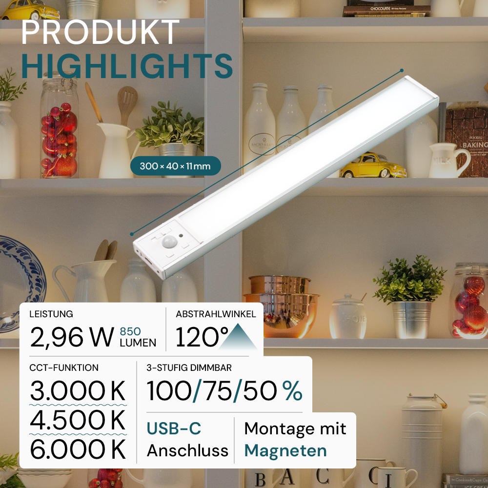 LED Schrankbeleuchtung mit Bewegungsmelder, Silberton, 30 cm, dimmbar, einstellbare Lichtfarbe, USB-aufladbar, einfache Befestigung, Unterbauleuchte