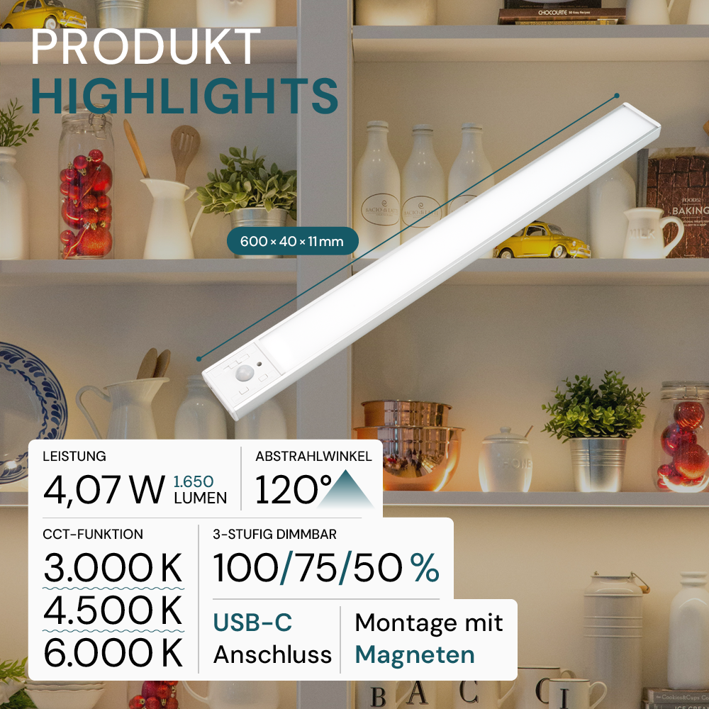 LED Schrankbeleuchtung mit Bewegungsmelder, Silberton, 60 cm, dimmbar, einstellbare Lichtfarbe, USB-aufladbar, einfache Befestigung, Unterbauleuchte