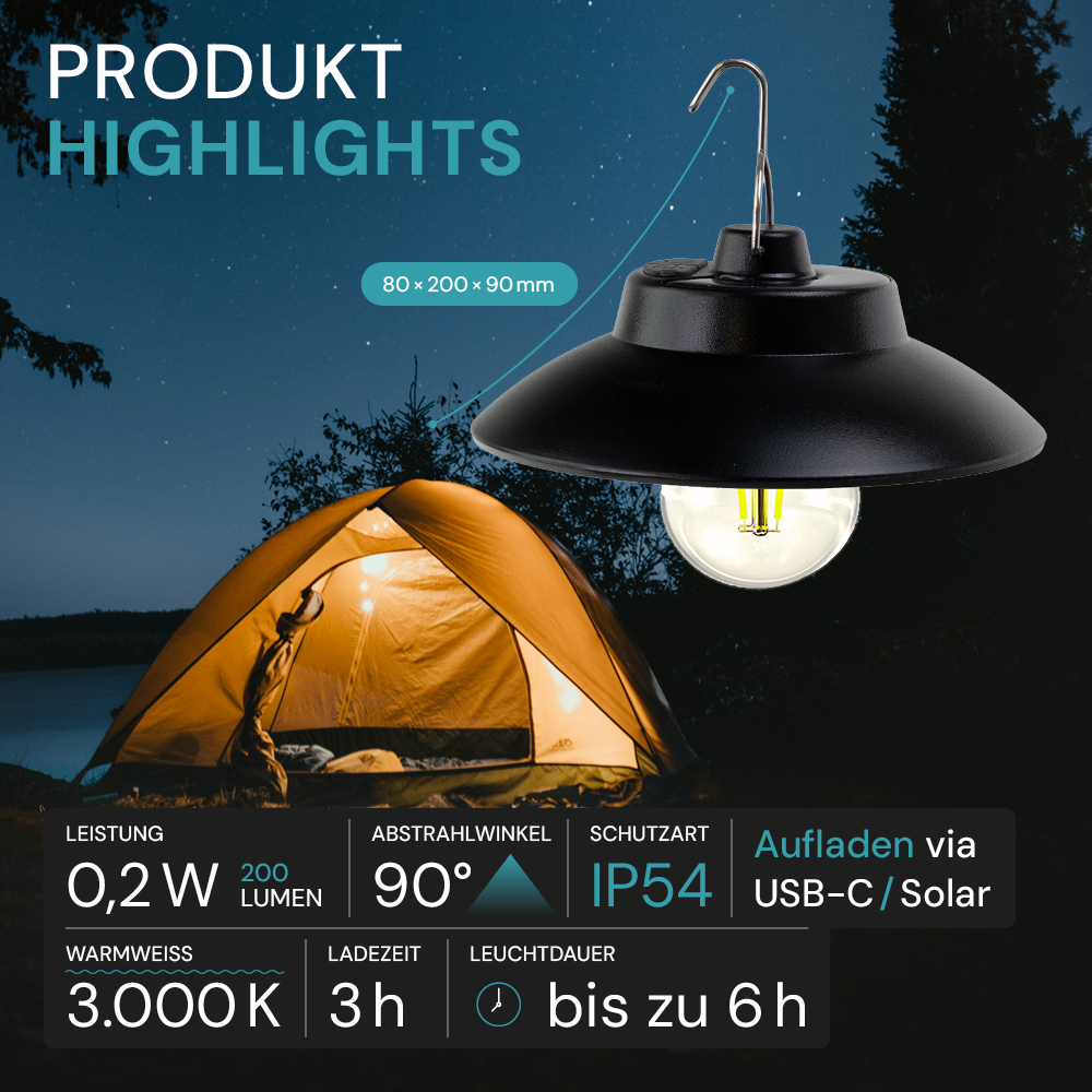 LED Hängeleuchte mit Solar & USB-C Ladung, 200 lm, 3000 K (warmweiß), Dimmbar, IP54 Wetterfest, Retro Hängelampe für Garten, Terrasse, Balkon, Campingleuchte