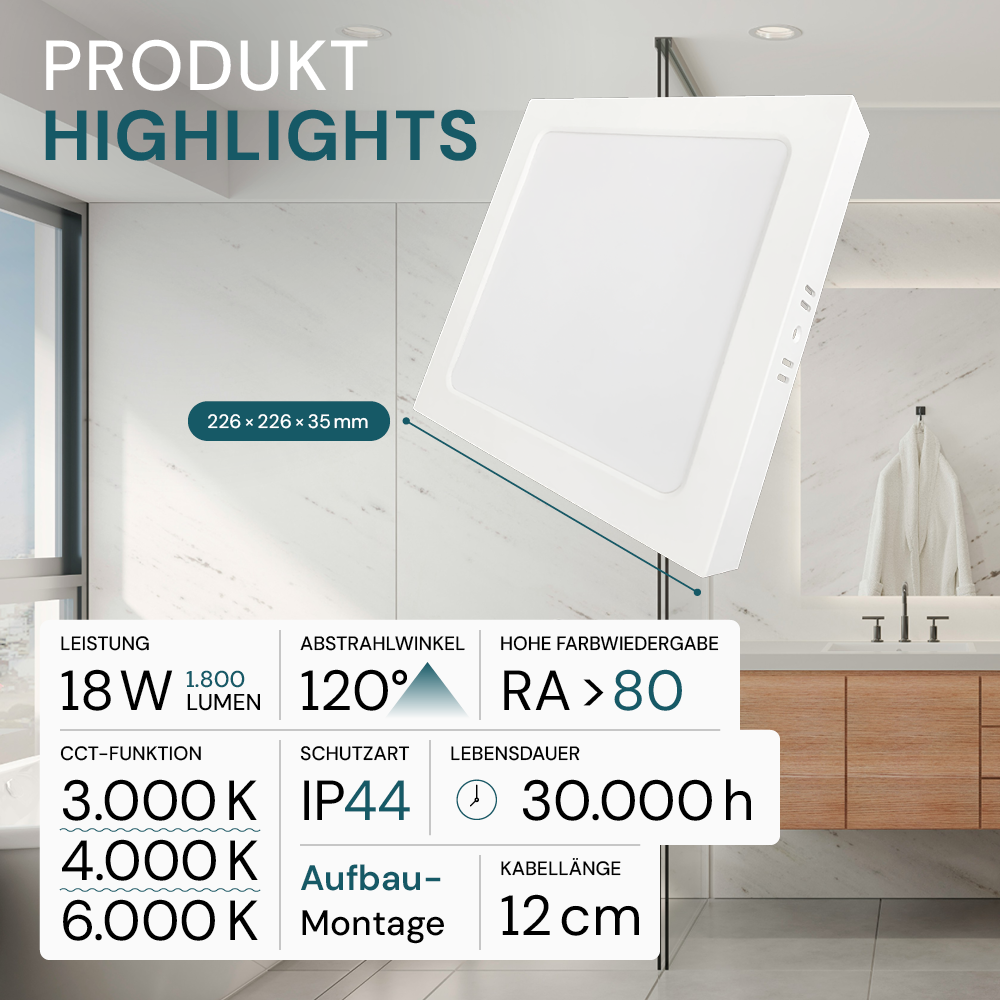 LED Aufbauleuchte in Weiß, 18 W, 230 V, IP44-geschützt, 1800 lm, Lichtfarbe einstellbar, 226x35 mm, Deckenleuchte mit Diffusor, Badezimmerlampe