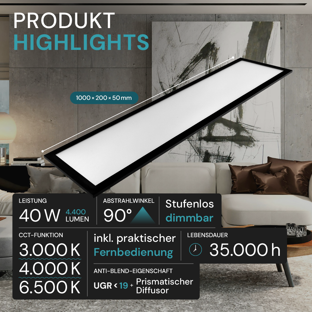 LUXULA LITEQ 100, LED-Panel mit Fernbedienung, 100×25 cm, schwarz, 40 W, 4400 lm, UGR<19, Helligkeit und Lichtfarbe einstellbar