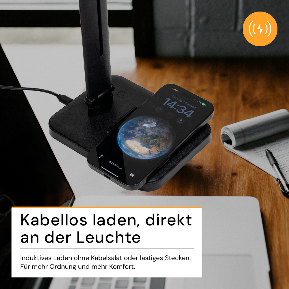 LED-Tischleuchte mit induktiver Ladestation, schwarz, inklusive Dimm- und CCT-Funktion, 5 W Leistung, 160x320 mm.