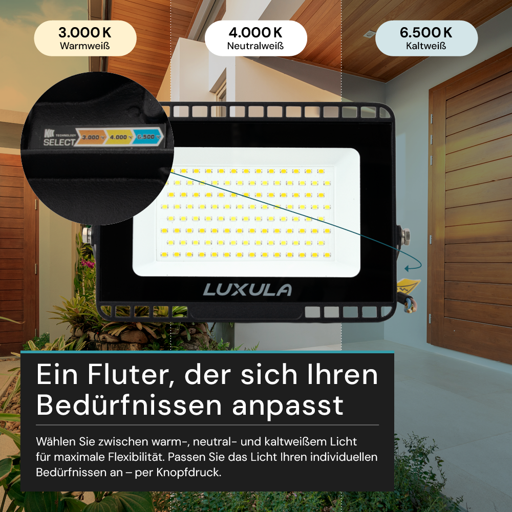 LED CCT Fluter, 50 W, 3000-6500 K (warm-, neutral-, kaltweiß), 5000 lm, schwarz, IP65.