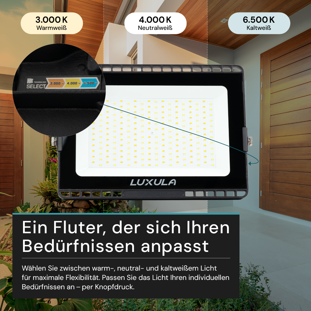 LED CCT Fluter, 100 W, 3000-6500 K (warm-, neutral-, kaltweiß), 10000 lm, schwarz, IP65.