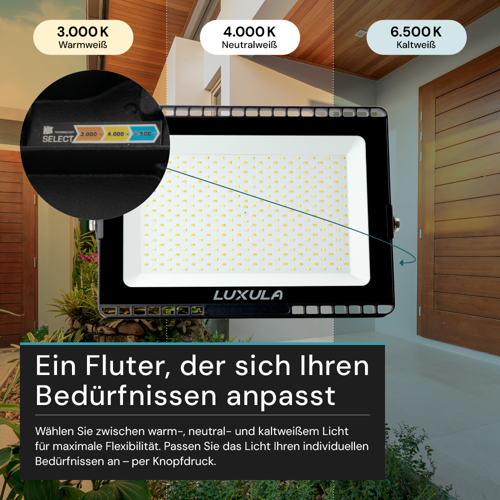LED CCT Fluter, 150 W, 3000-6500 K (warm-, neutral-, kaltweiß), 15000 lm, schwarz, IP65.