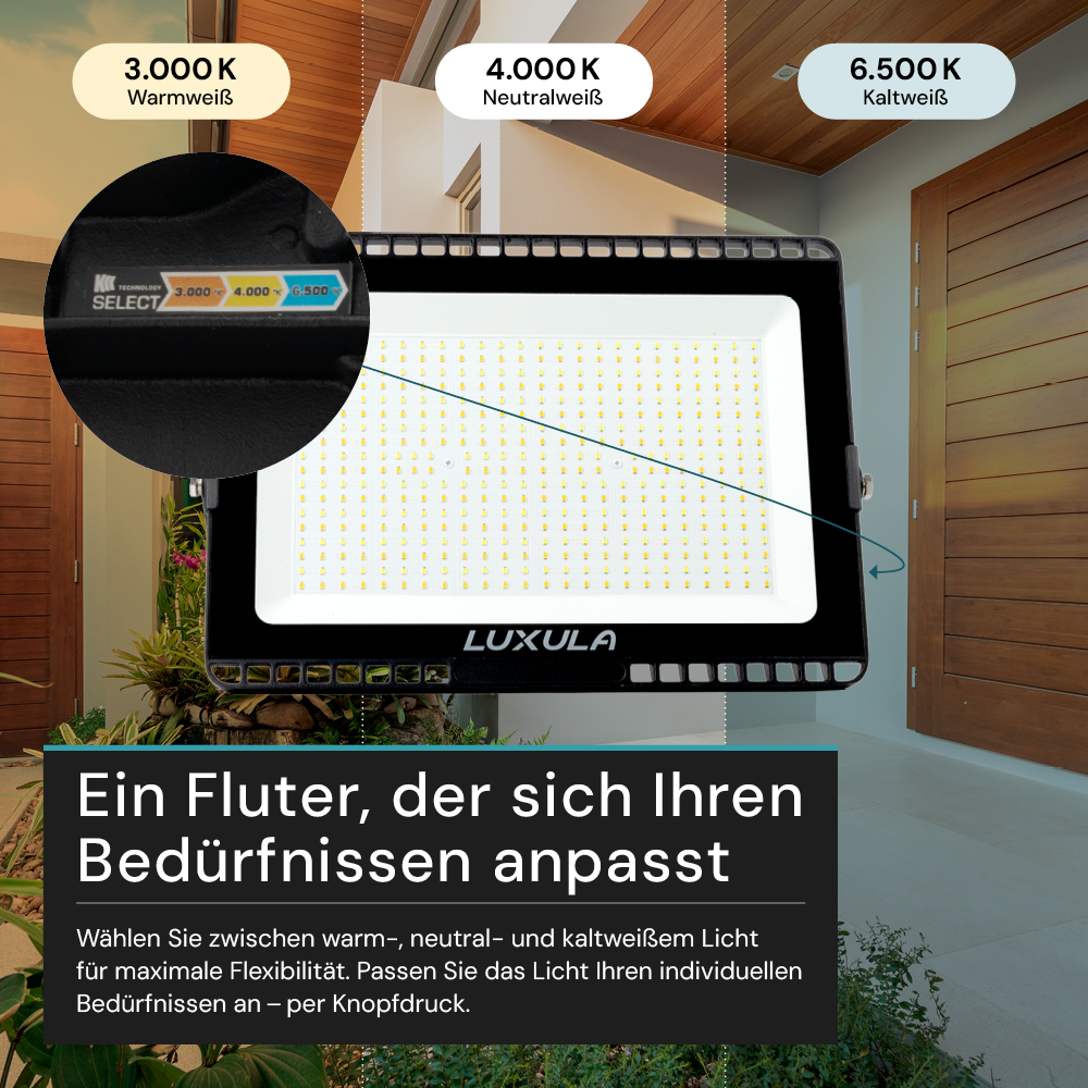 LED CCT Fluter, 200 W, 3000-6500 K (warm-, neutral-, kaltweiß), 20000 lm, schwarz, IP65.
