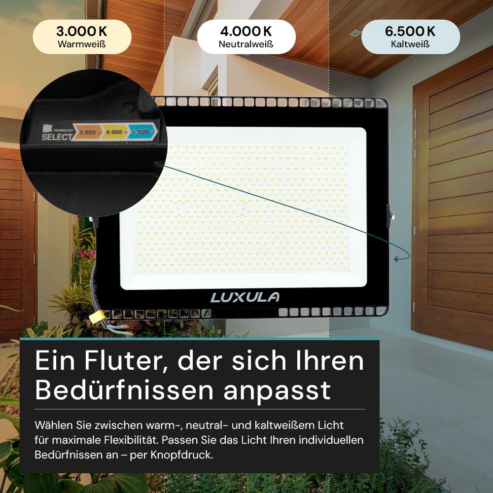 LED CCT Fluter, 300 W, 3000-6500 K (warm-, neutral-, kaltweiß), 30000 lm, schwarz, IP65.