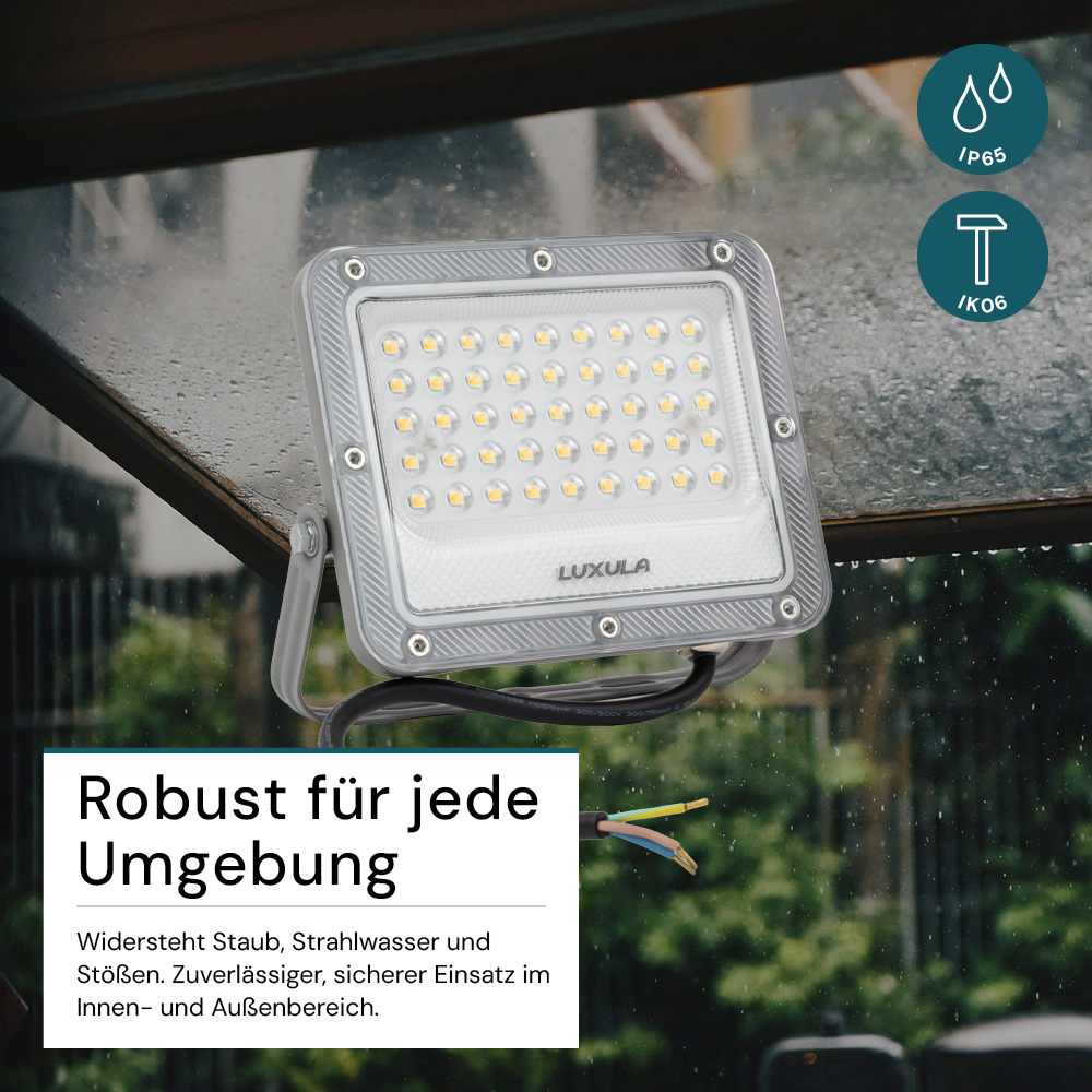 LED-Fluter, 30 W, 4000 K (neutralweiß), 3900 lm, grau, IP65.