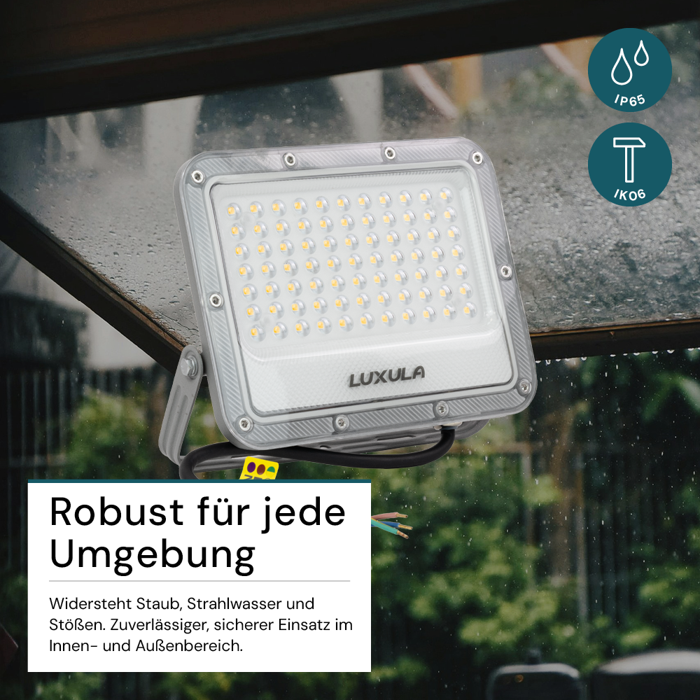 LED-Fluter, 50 W, 4000 K (neutralweiß), 6500 lm, grau, IP65.