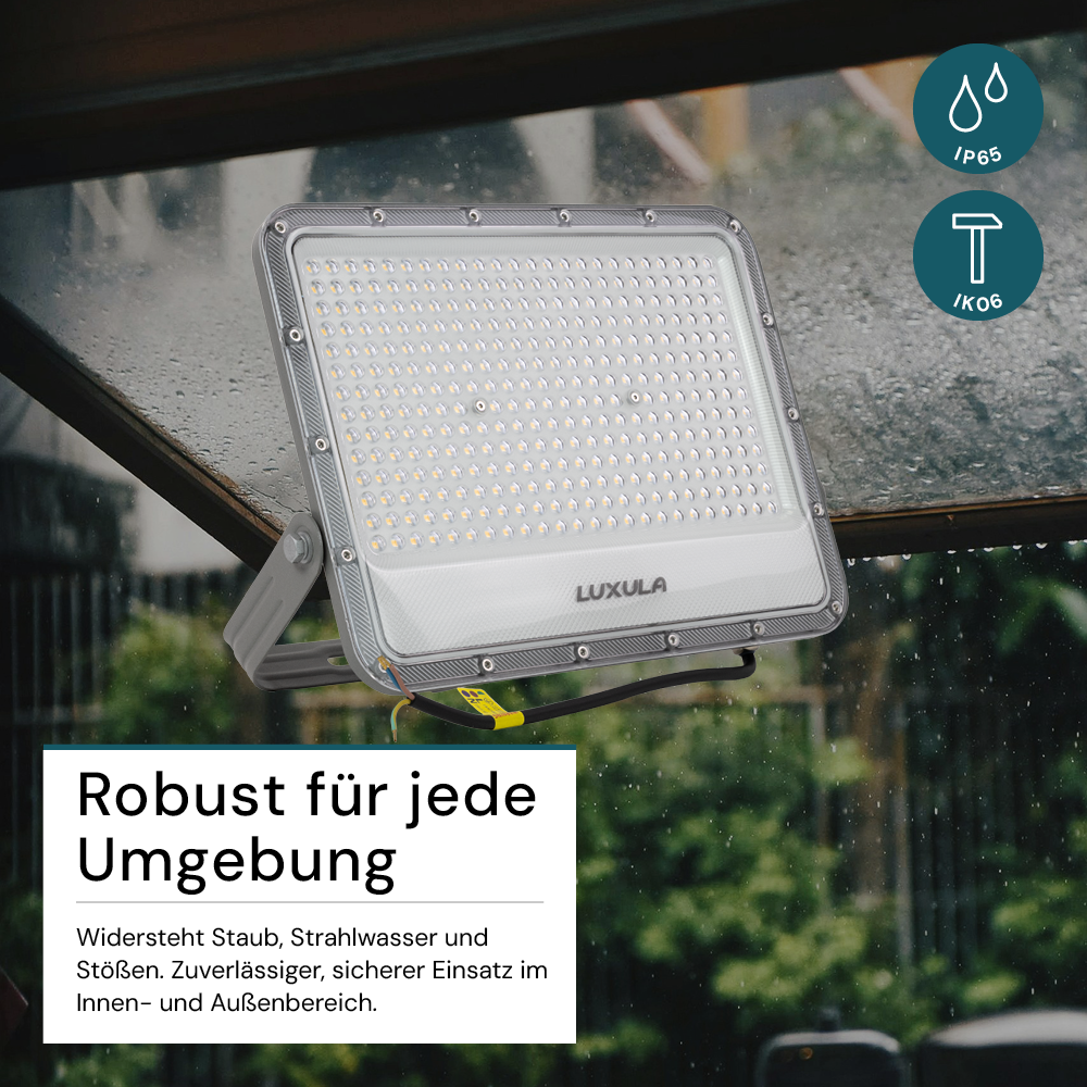 LED-Fluter, 200 W, 4000 K (neutralweiß), 26000 lm, grau, IP65.