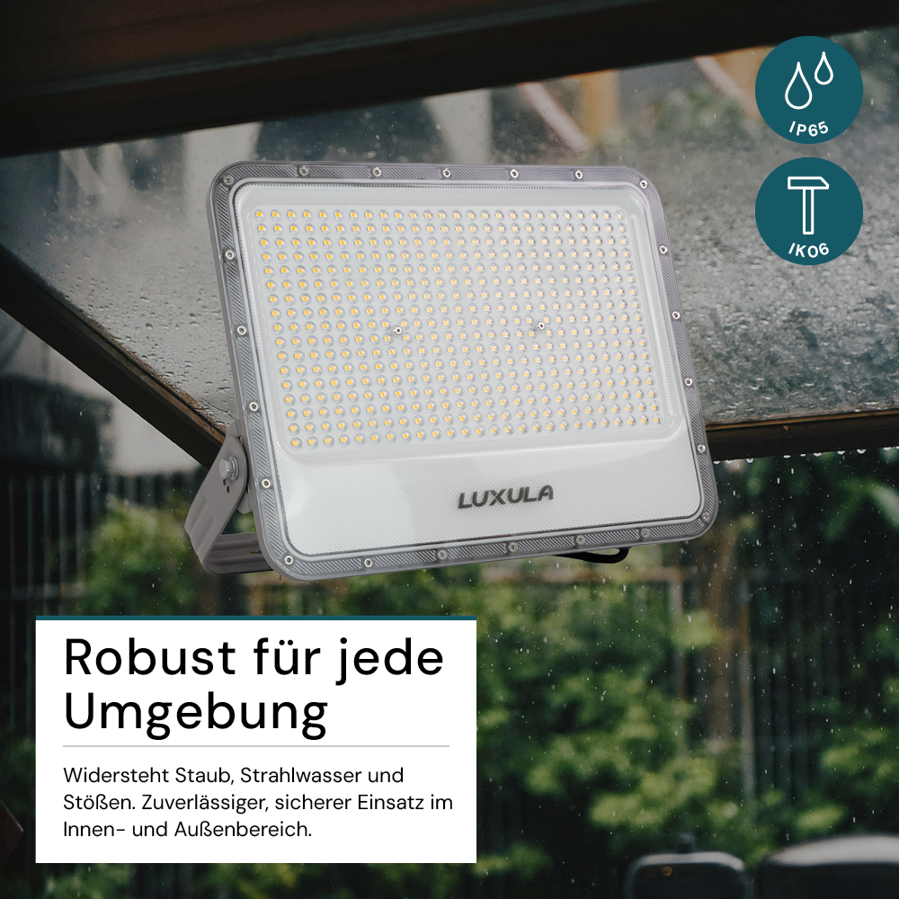 LED-Fluter, 300 W, 4000 K (neutralweiß), 37500 lm, grau, IP65.