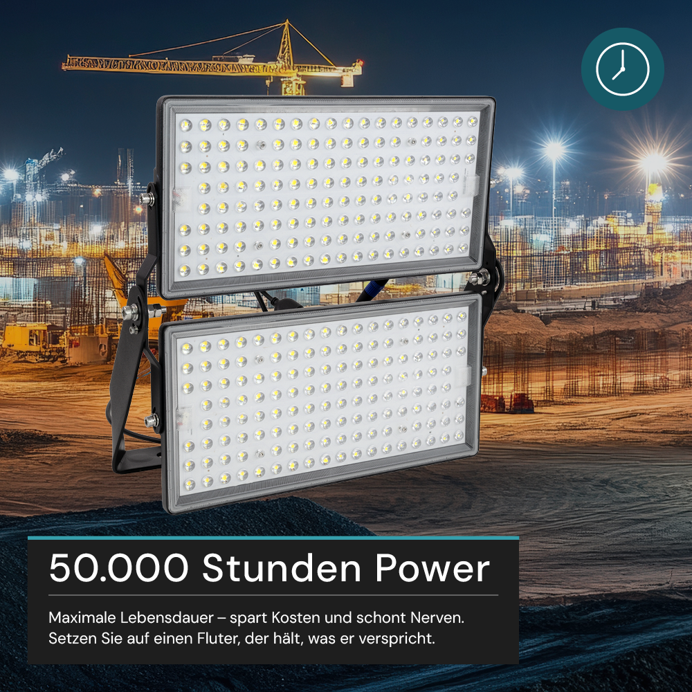 Stadion Fluter, 500 W, 5000 K (neutralweiß), 70000 lm, IP65, MOSO Treiber, hohe Energieeffizienz, Großflächenstrahler