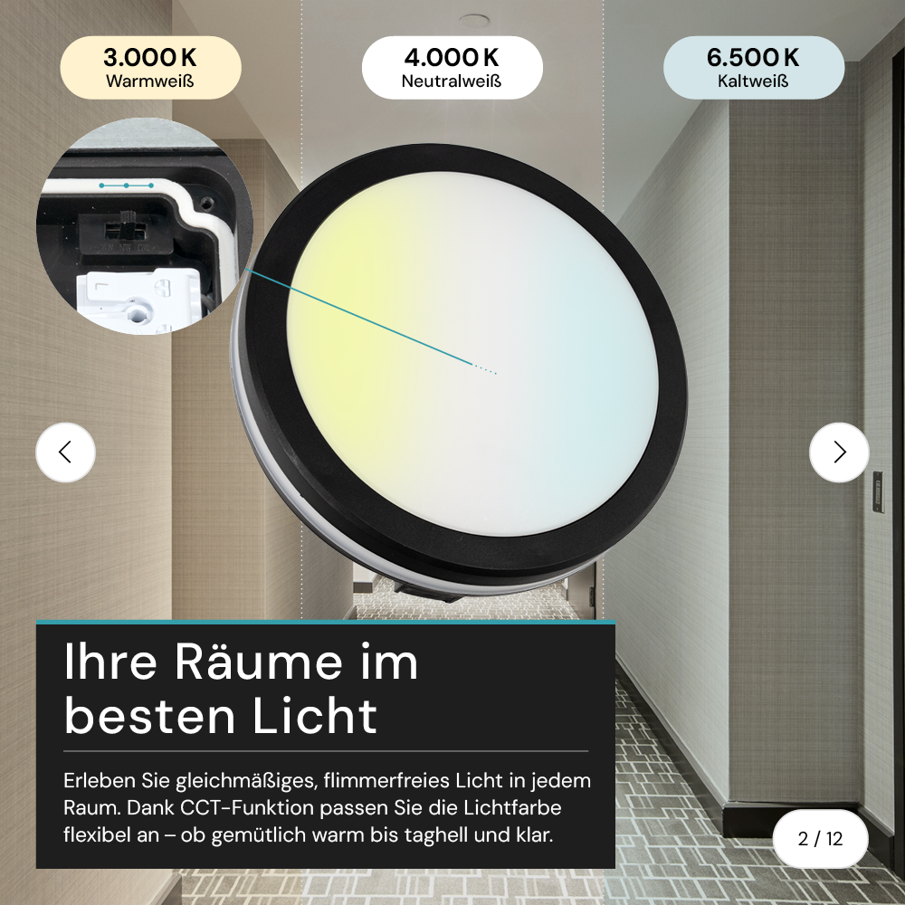 Moderne LED-Deckenlampe, schwarz/weiß, rund, 20 W, 2000 lm, Lichtfarbe einstellbar, Ø20 cm, IP65-wassergeschützt, Schnellverbinder, Innen- und Außenlampe