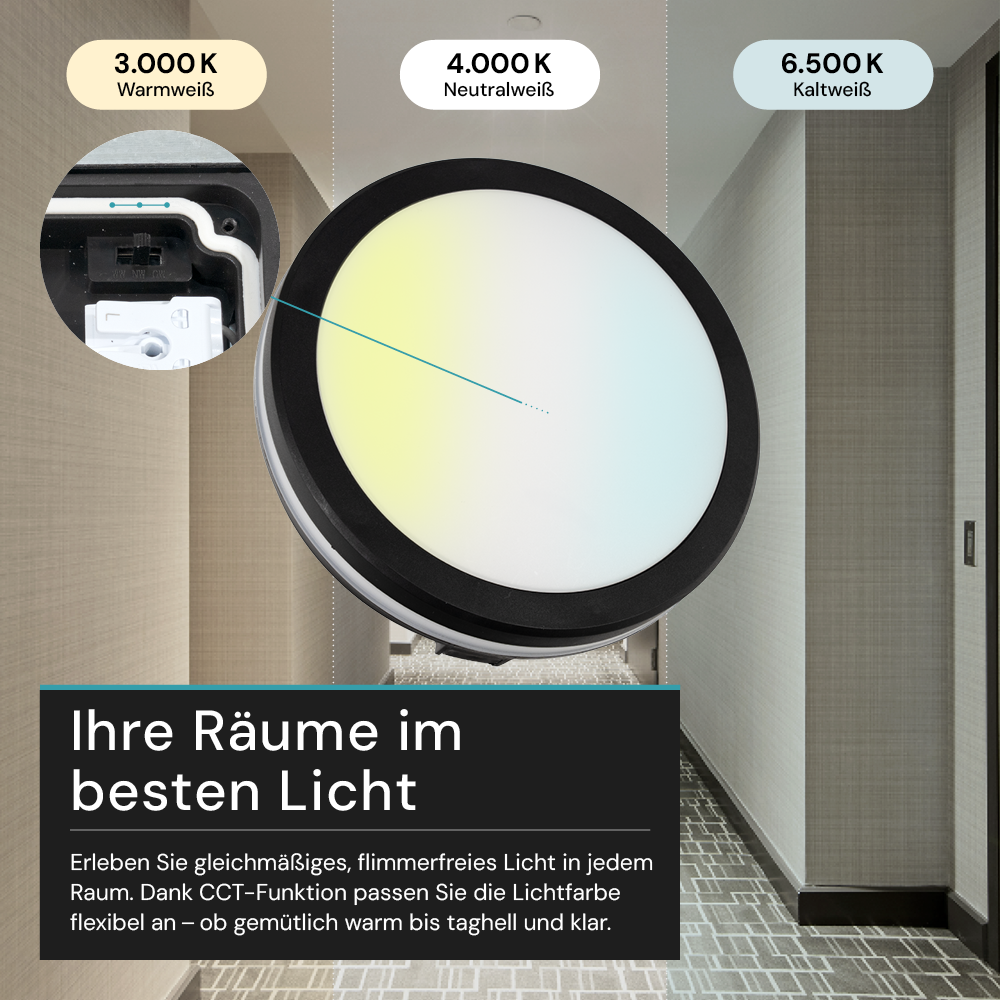 Moderne LED-Deckenlampe, schwarz/weiß, rund, 30 W, 3000 lm, Lichtfarbe einstellbar, Ø30 cm, IP65-wassergeschützt, Schnellverbinder, Innen- und Außenlampe