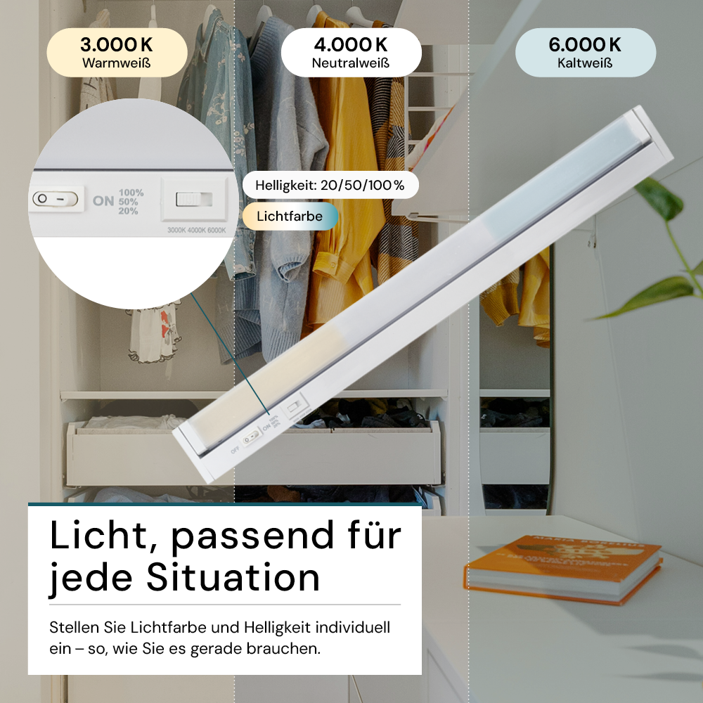 LED-Unterbauleuchte, schwenkbar, mit Schalter, 55 cm, 8 W, 800 lm, einstellbare Lichtfarbe, dimmbar, erweiterbar, Küchen- und Schrankbeleuchtung