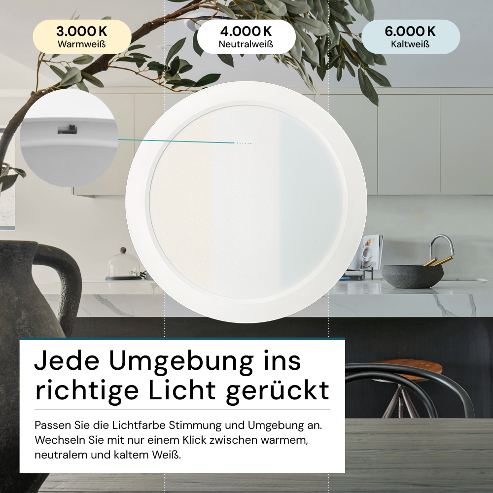 LED Aufbauleuchte in Weiß, 6W, 230 V, IP44-geschützt, 600 lm, Lichtfarbe einstellbar, Ø109x28 mm, Deckenleuchte mit Diffusor, Badezimmerlampe
