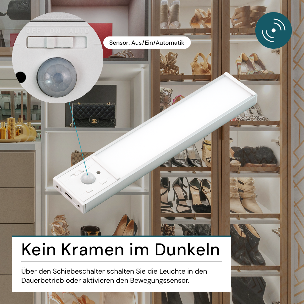LED Schrankbeleuchtung mit Bewegungsmelder, Silberton, 20 cm, dimmbar, einstellbare Lichtfarbe, USB-aufladbar, einfache Befestigung, Unterbauleuchte