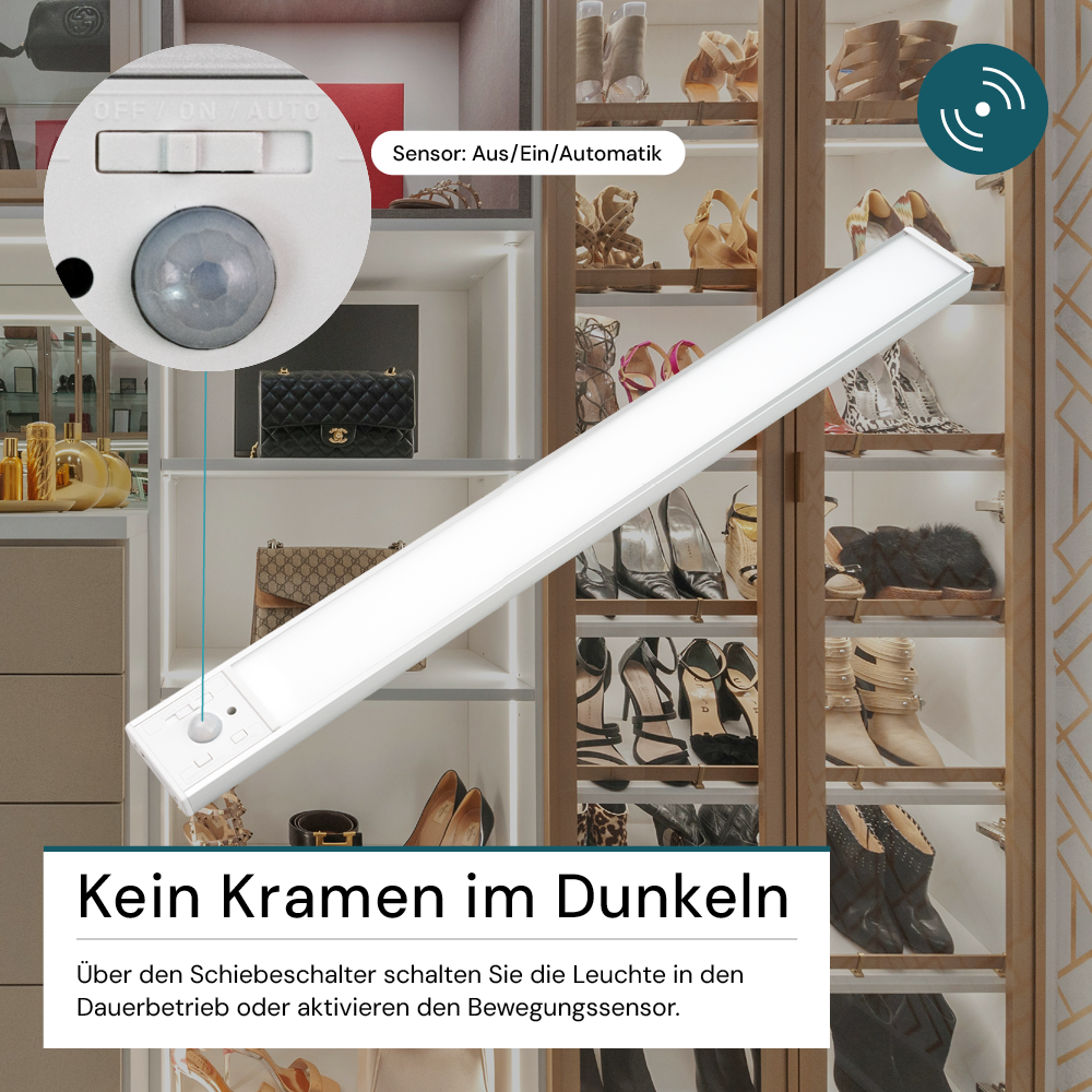 LED Schrankbeleuchtung mit Bewegungsmelder, Silberton, 60 cm, dimmbar, einstellbare Lichtfarbe, USB-aufladbar, einfache Befestigung, Unterbauleuchte