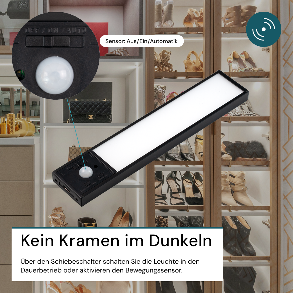 LED Schrankbeleuchtung mit Bewegungsmelder, schwarz, 20 cm, dimmbar, einstellbare Lichtfarbe, USB-aufladbar, einfache Befestigung, Unterbauleuchte