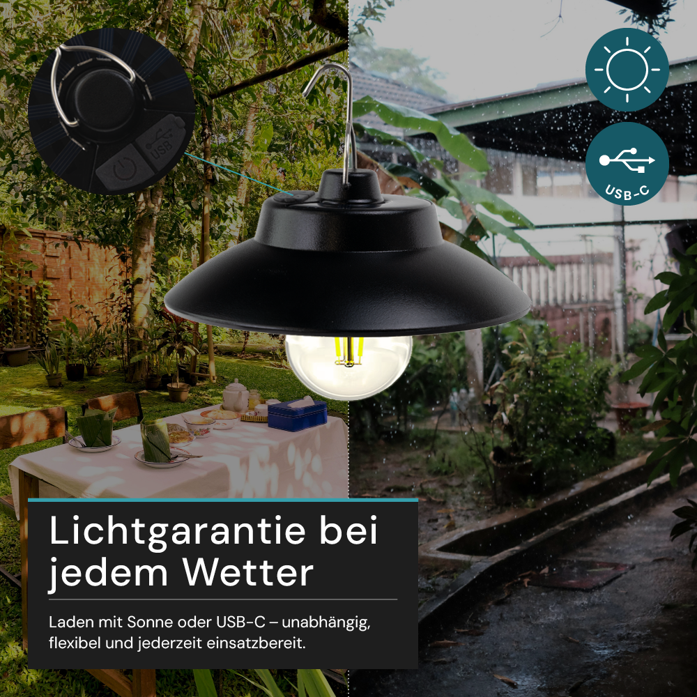 LED Hängeleuchte mit Solar & USB-C Ladung, 200 lm, 3000 K (warmweiß), Dimmbar, IP54 Wetterfest, Retro Hängelampe für Garten, Terrasse, Balkon, Campingleuchte