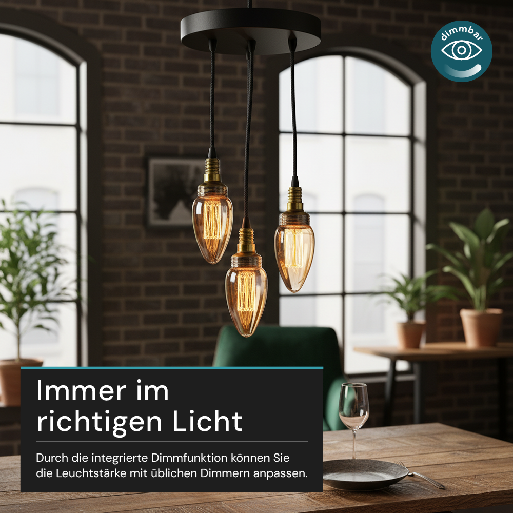 LED Filament Leuchtmittel, Vintage Dekoleuchte, Kerze C35, E14, 2.3W, 65lm, 1800K, dimmbar