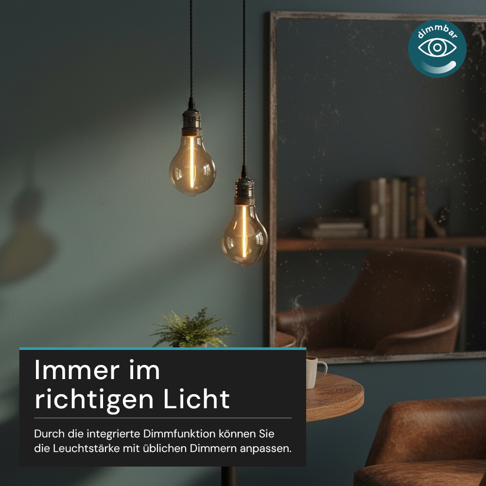 LED Filament Leuchtmittel, LINE, Amber, Bulb A60, E27, 2W, 65lm, 1800K, dimmbar