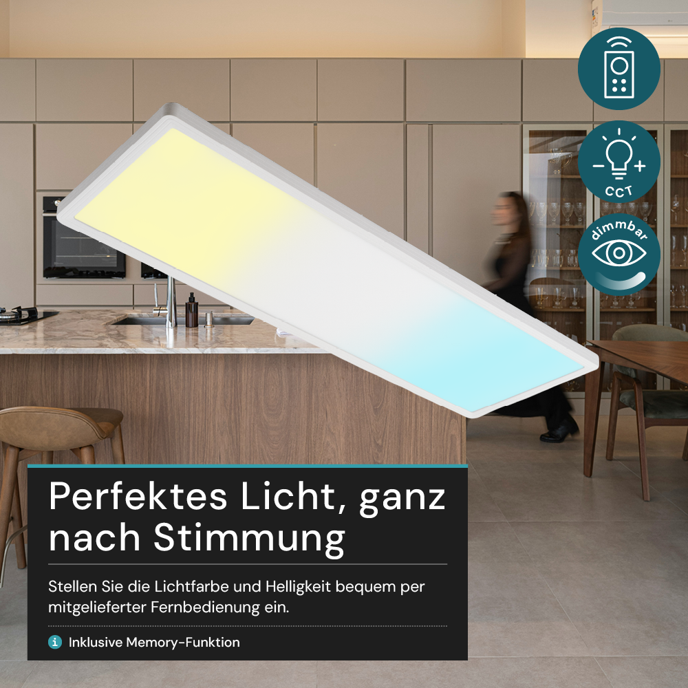 LED-Panel mit Fernbedienung, 58×20 cm, weiß, 24 W, 2200 lm, IP44 Wassergeschützt, Helligkeit und Lichtfarbe einstellbar