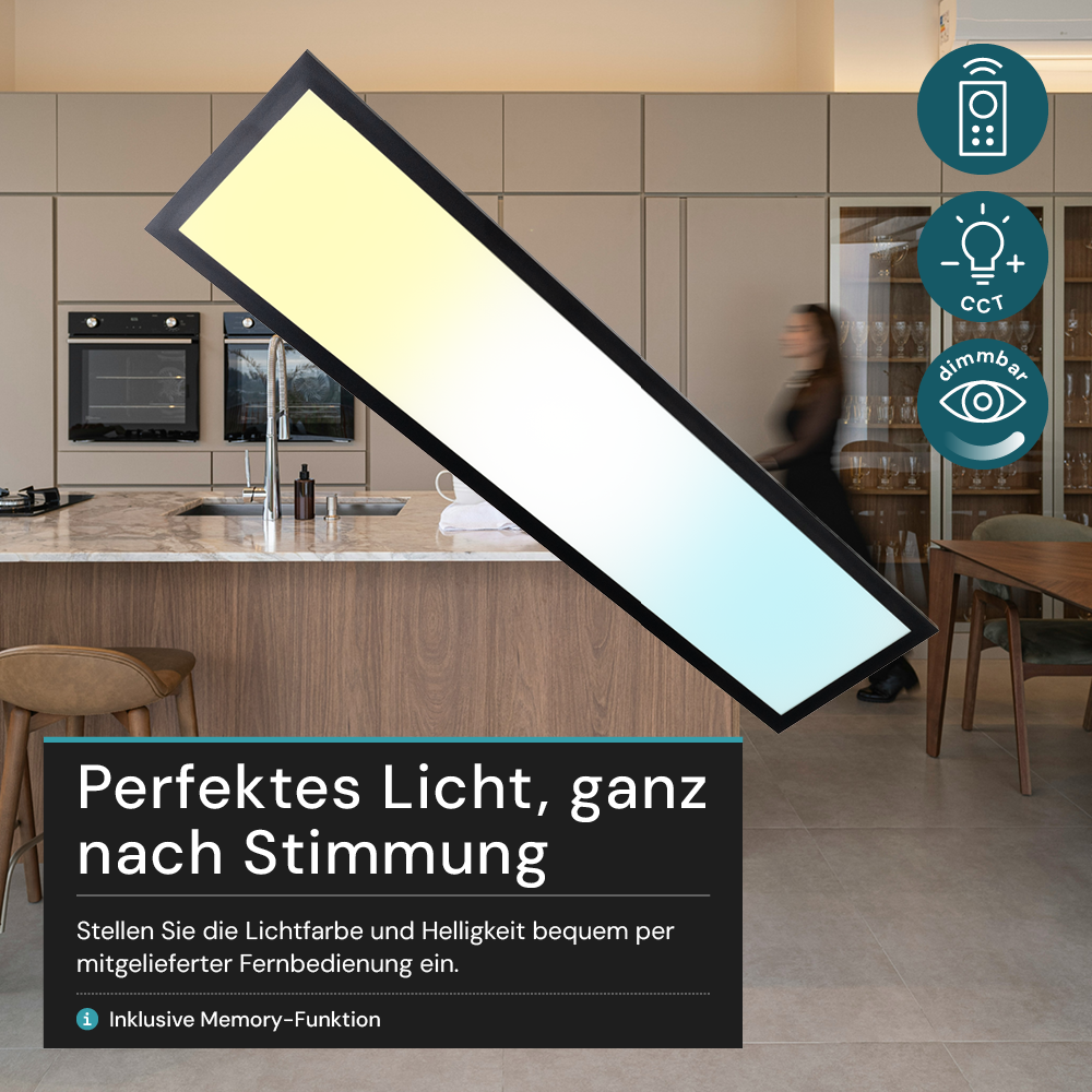 LUXULA LITEQ 100, LED-Panel mit Fernbedienung, 100×25 cm, schwarz, 40 W, 4400 lm, UGR<19, Helligkeit und Lichtfarbe einstellbar