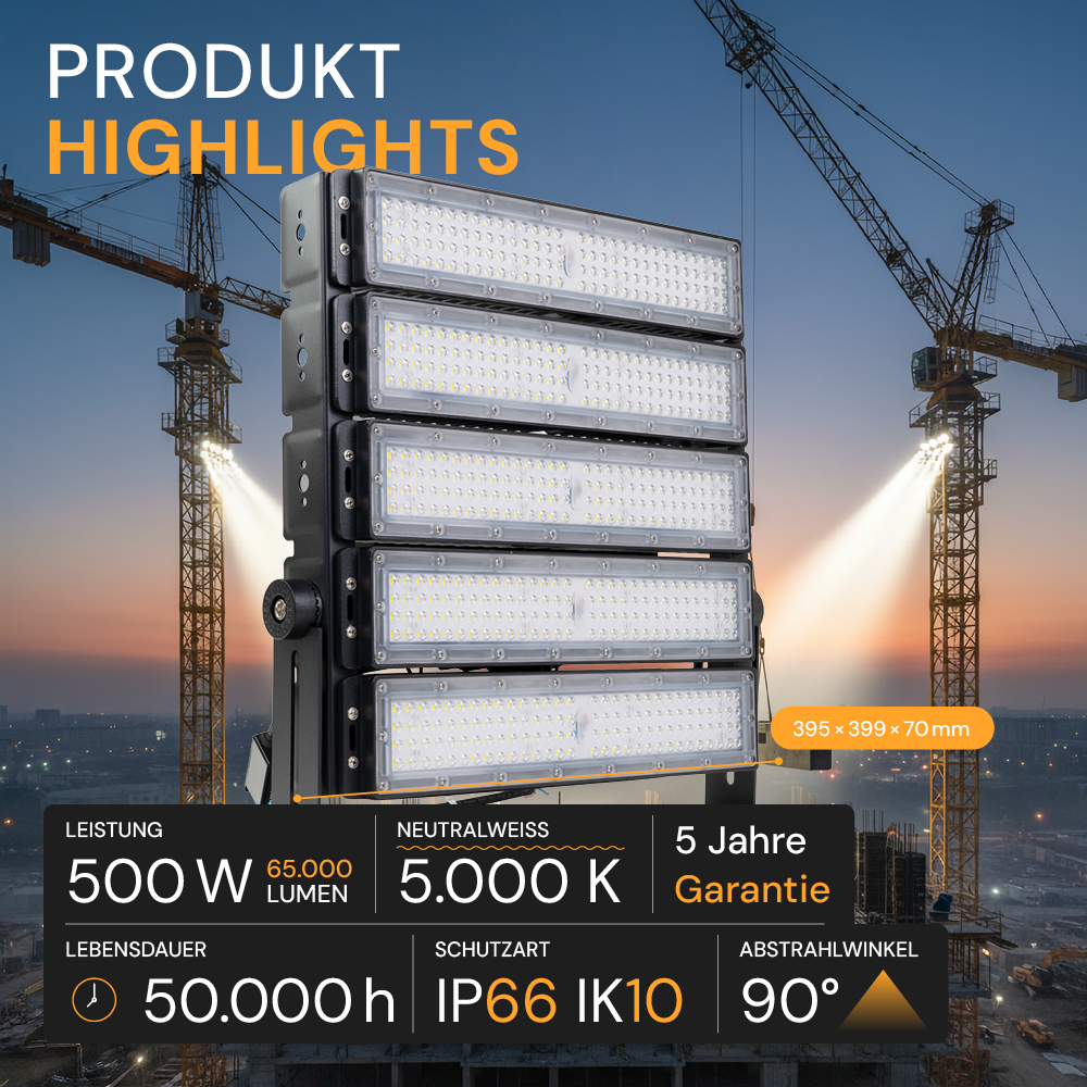 Profi Stadion Fluter, 500 W, 5000 K (neutralweiß), 65000 lm, IP66, Meanwell Driver, LUMILEDS LED