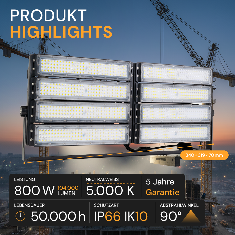Profi Stadion Fluter, 800 W, 5000 K (neutralweiß), 104000 lm, IP66, Meanwell Driver, LUMILEDS LED
