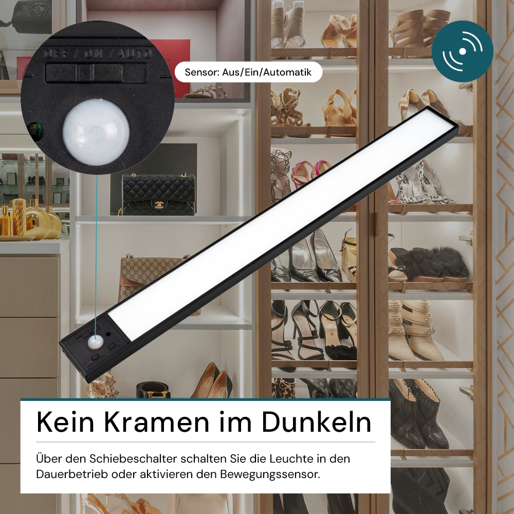 LED Schrankbeleuchtung mit Bewegungsmelder, schwarz, 40 cm, dimmbar, einstellbare Lichtfarbe, USB-aufladbar, einfache Befestigung, Unterbauleuchte