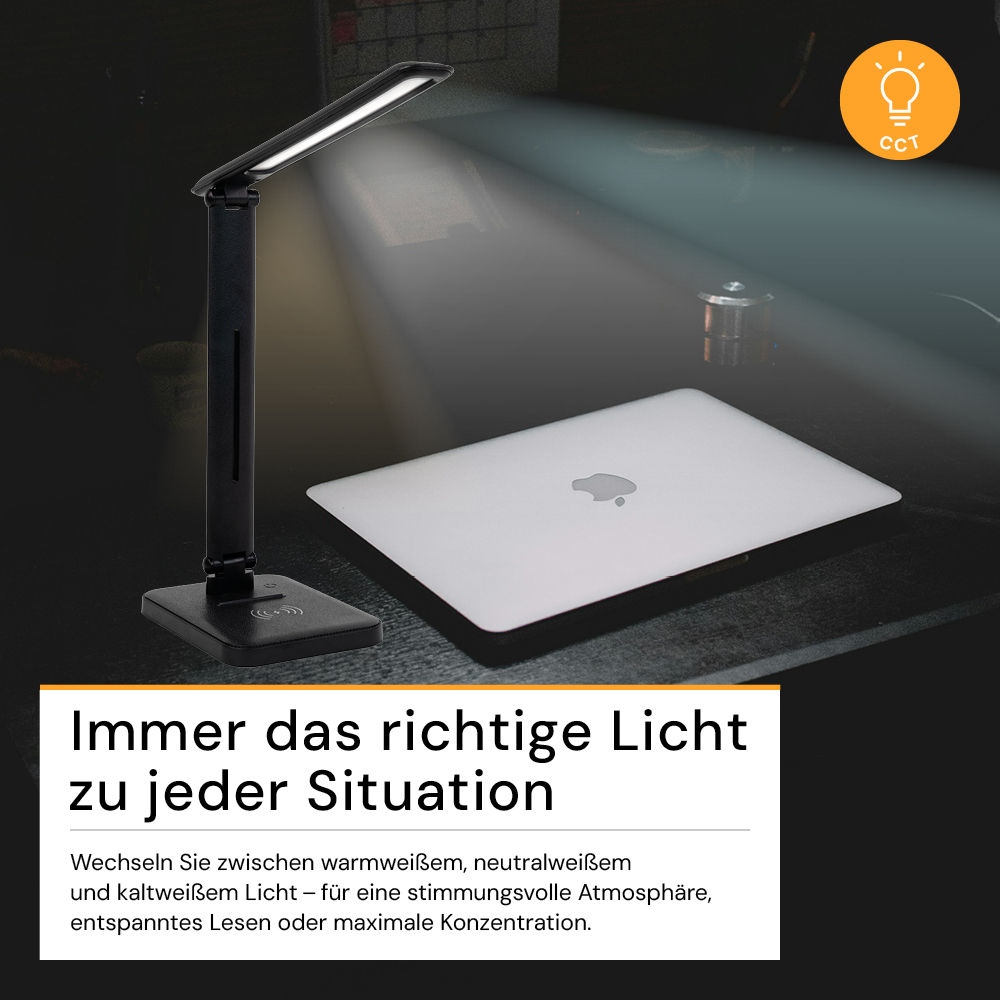 LED-Tischleuchte mit induktiver Ladestation, schwarz, inklusive Dimm- und CCT-Funktion, 5 W Leistung, 160x320 mm.