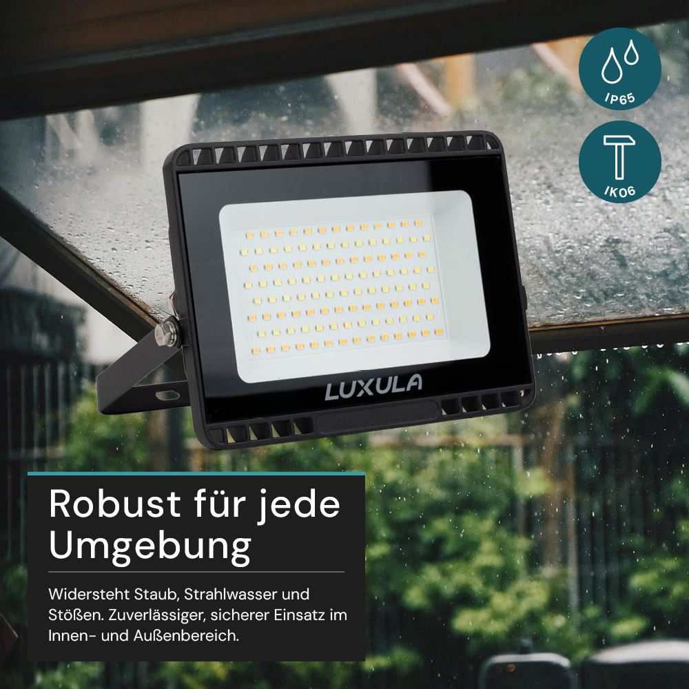 LED CCT Fluter, 50 W, 3000-6500 K (warm-, neutral-, kaltweiß), 5000 lm, schwarz, IP65.