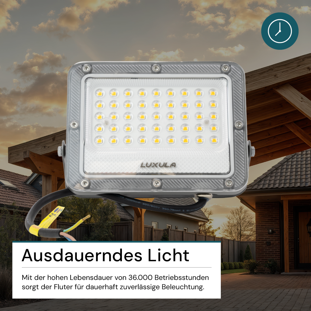 LED-Fluter, 30 W, 4000 K (neutralweiß), 3900 lm, grau, IP65.