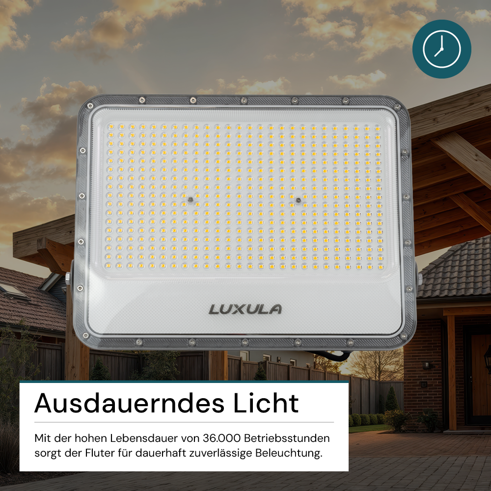 LED-Fluter, 300 W, 4000 K (neutralweiß), 37500 lm, grau, IP65.