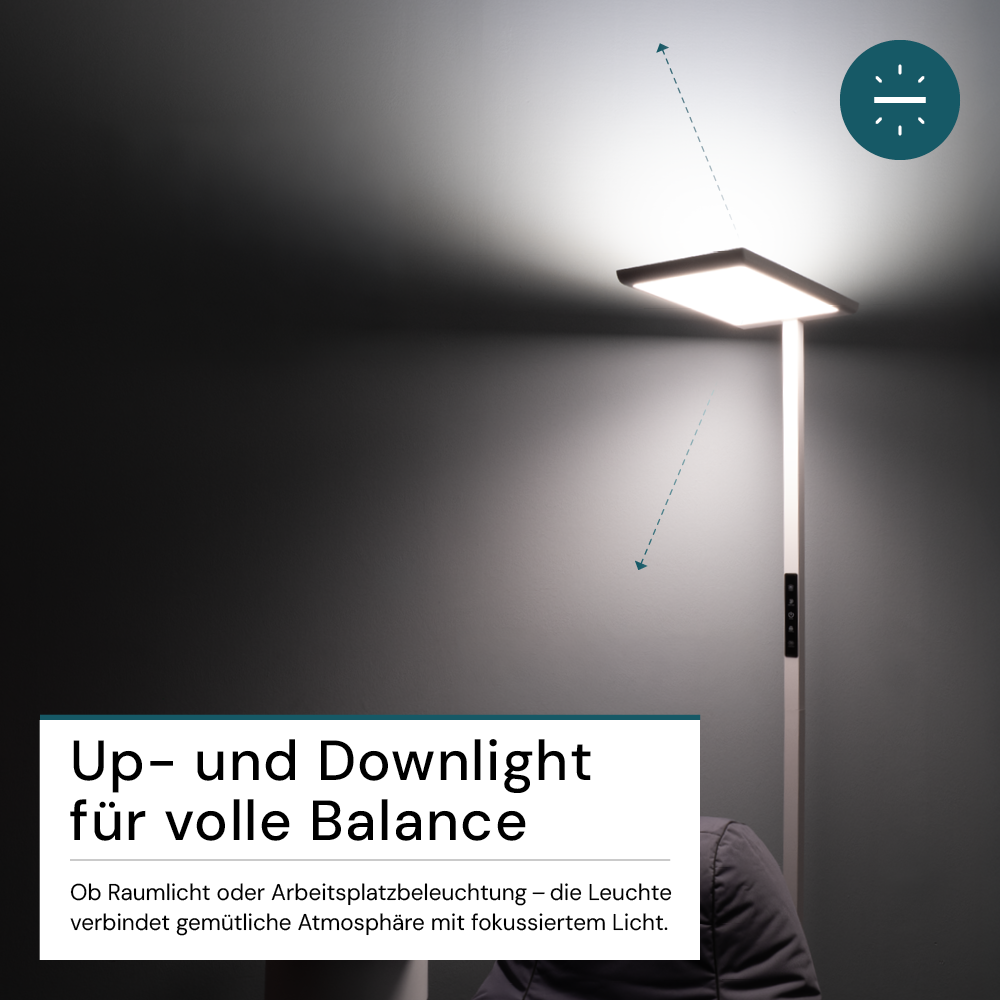 LED Büro-Stehleuchte, Up/Down, in Weiß, 100 W, 7000 lm, 4000 K (neutralweiß), UGR<16, CRI98, dimmbar, RG0, Bridgelux LED, Arbeitsplatzleuchte