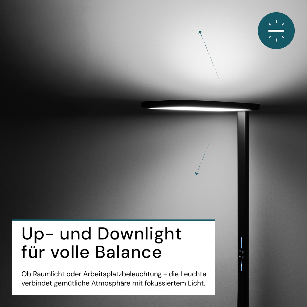LED Büro-Stehleuchte, Up/Down, in Schwarz, 100 W, 7000 lm, 4000 K (neutralweiß), UGR<16, CRI98, dimmbar, RG0, Bridgelux LED