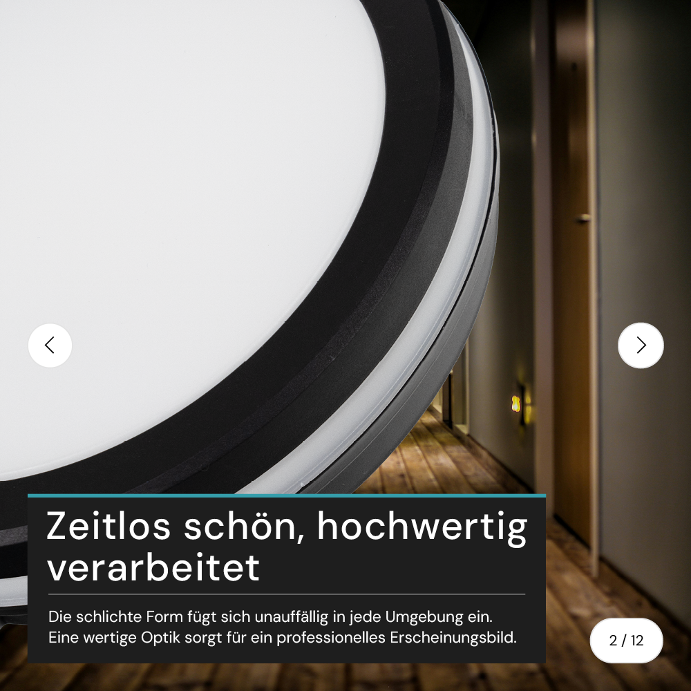 Moderne LED-Deckenlampe, schwarz/weiß, rund, 20 W, 2000 lm, Lichtfarbe einstellbar, Ø20 cm, IP65-wassergeschützt, Schnellverbinder, Innen- und Außenlampe