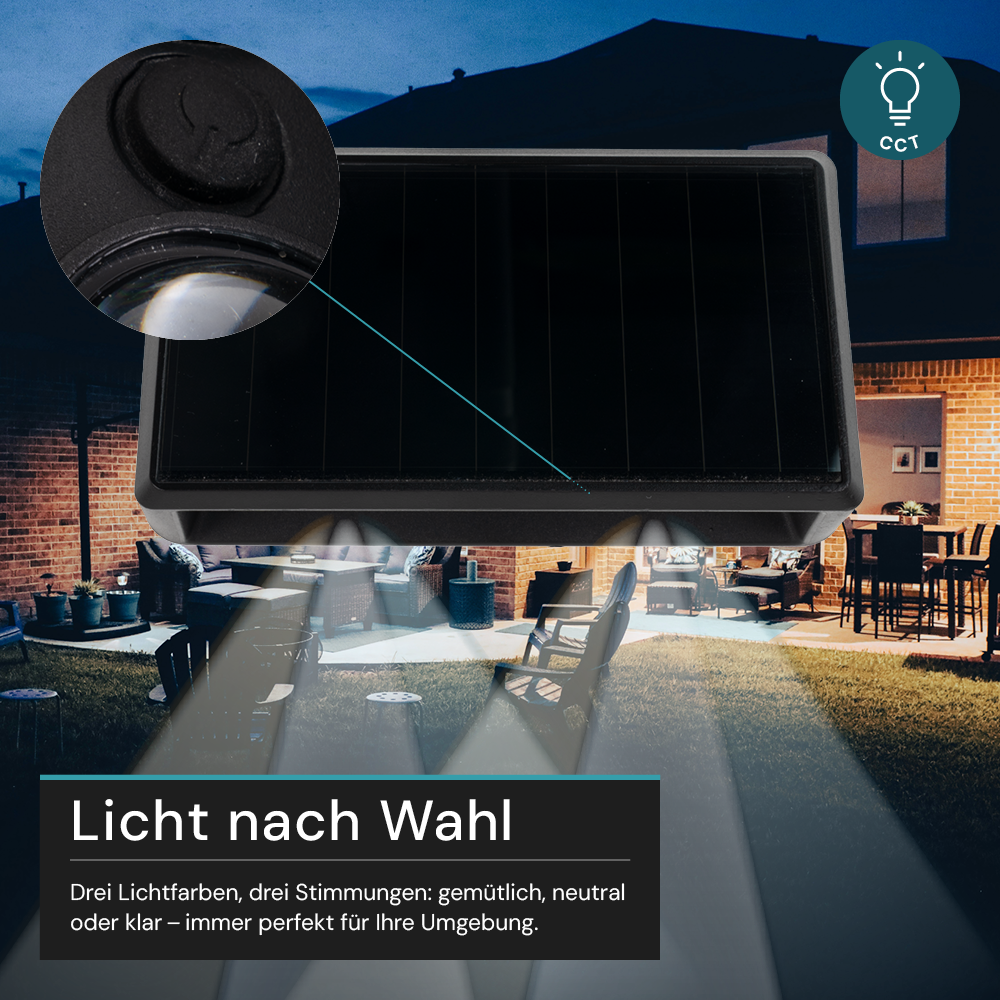 Solar LED Wandleuchte Außen, 2-flammig, 3 Lichtfarben einstellbar (CCT), IP54-wasserdicht, mit Akku, lange Leuchtdauer, Gartenleuchte
