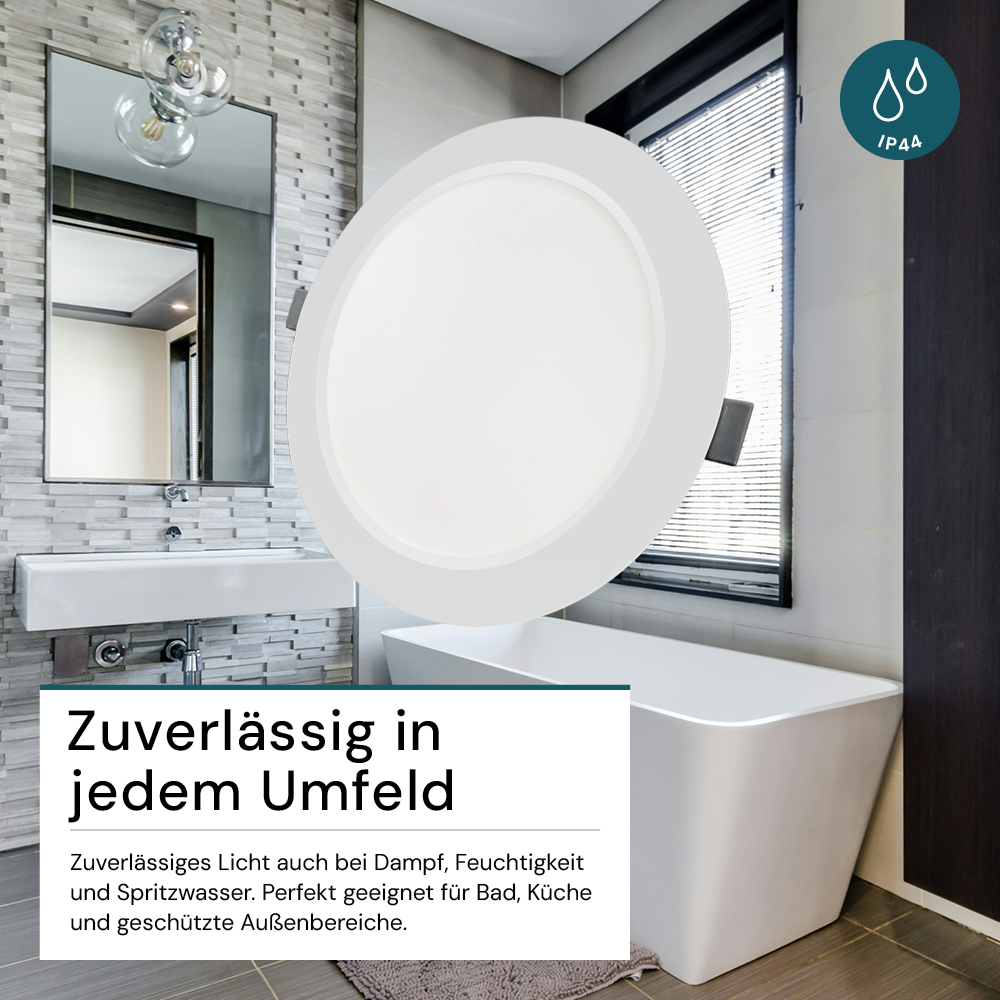 LED Einbauleuchte in Weiß, 6 W, 230 V, IP44-geschützt, 600 lm, Lichtfarbe einstellbar, Ø117x25 mm, Einbaustrahler mit Diffusor, Badezimmer Deckenleuchte
