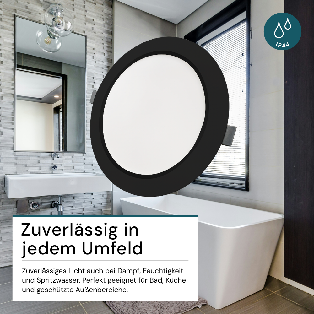 LED Einbauleuchte in Schwarz, 18 W, 230 V, IP44-geschützt, 1800 lm, Lichtfarbe einstellbar, Ø221x27 mm, Einbaustrahler mit Diffusor, Badezimmer Deckenleuchte