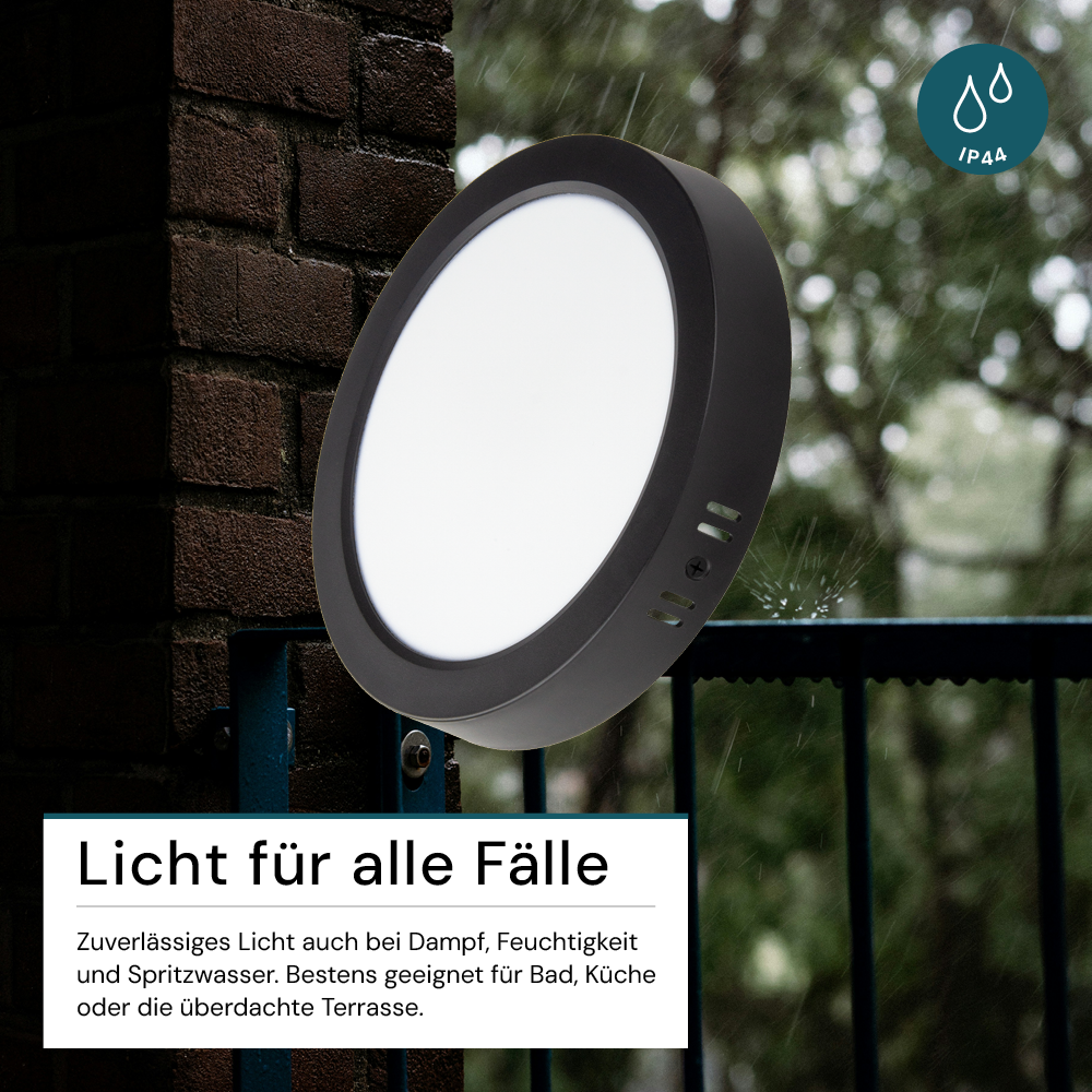 LED Aufbauleuchte in Schwarz, 18 W, 230 V, IP44-geschützt, 1800 lm, Lichtfarbe einstellbar, Ø224x35 mm, Deckenleuchte mit Diffusor, Badezimmerlampe