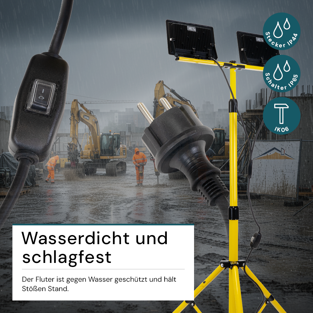 LED Baustrahler mit Teleskop-Stativ, 2x 30 W, 4000 K (neutralweiß), 6000 lm, IP65, Schutzkontaktstecker, Ein/Aus-Schalter