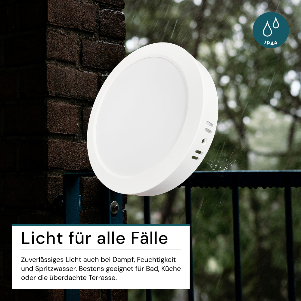 LED Aufbauleuchte in Weiß, 18 W, 230 V, IP44-geschützt, 1800 lm, Lichtfarbe einstellbar, Ø224x35 mm, Deckenleuchte mit Diffusor, Badezimmerlampe