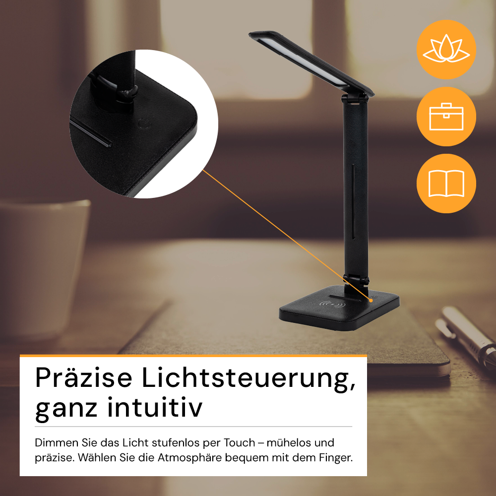 LED-Tischleuchte mit induktiver Ladestation, schwarz, inklusive Dimm- und CCT-Funktion, 5 W Leistung, 160x320 mm.