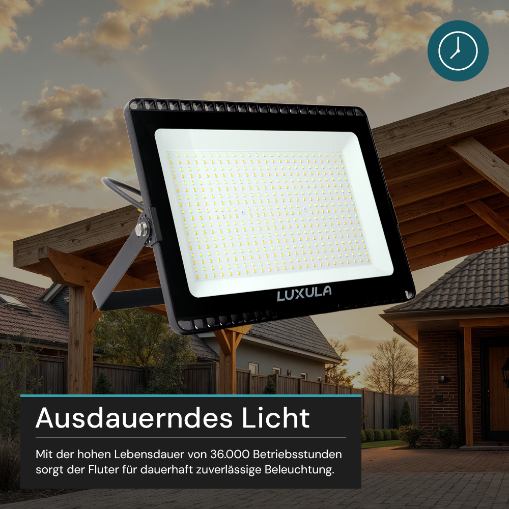 LED CCT Fluter, 200 W, 3000-6500 K (warm-, neutral-, kaltweiß), 20000 lm, schwarz, IP65.