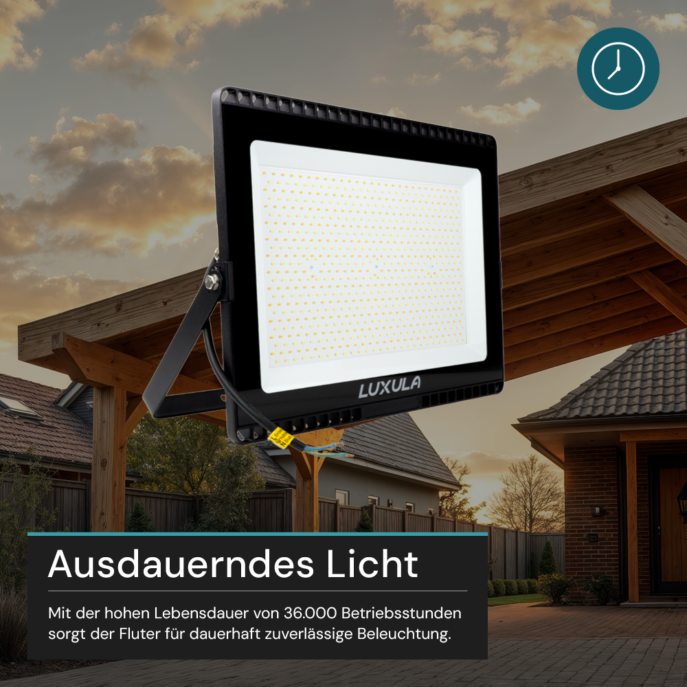 LED CCT Fluter, 300 W, 3000-6500 K (warm-, neutral-, kaltweiß), 30000 lm, schwarz, IP65.