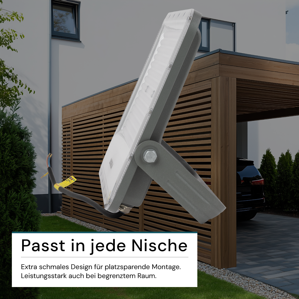 LED-Fluter, 200 W, 4000 K (neutralweiß), 26000 lm, grau, IP65.